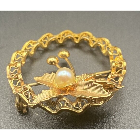 Classic Vintage  Brooch Pin 1/20 12K Gold Filled Round Faux Pearl 1.25"Retro - Picture 4 of 8